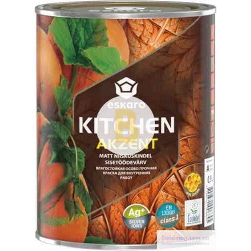Краска акриловая Eskaro Akzent Kitchen шелковистый мат белый 0.9 л в магазине Buildmag Краска акриловая Eskaro Akzent Kitchen шелковистый мат белый 0.9 л