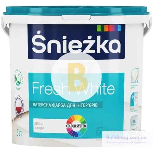Краска латексная водоэмульсионная Sniezka Fresh White мат белый 5 л 7 кг в магазине Buildmag Краска латексная водоэмульсионная Sniezka Fresh White мат белый 5 л 7 кг